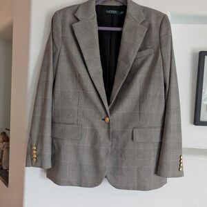 Ralph Lauren Gray Checkered Blazer with Gold Accents